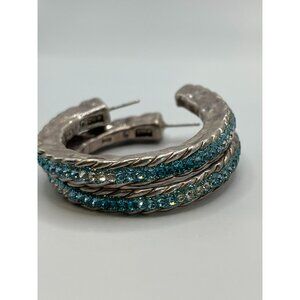 Sterling Silver Hoop Earrings With Blue Crystal Accents 925‎ Marked